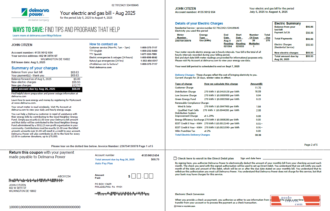 USA Delmarva Power utility bill template in Word and PDF formats, 5 pages, 1 2 pages